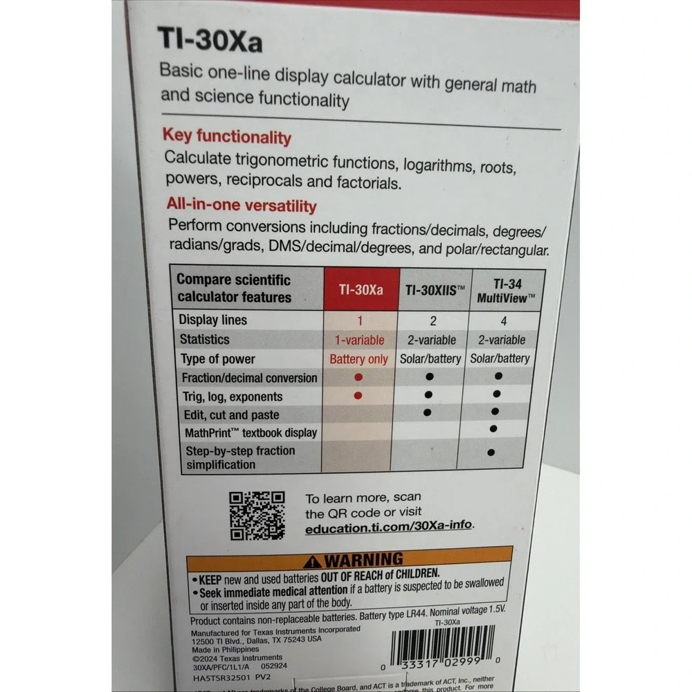 Texas Instruments TI-30Xa Scientific Calculator Battery Powered - SAT & ACT NEW